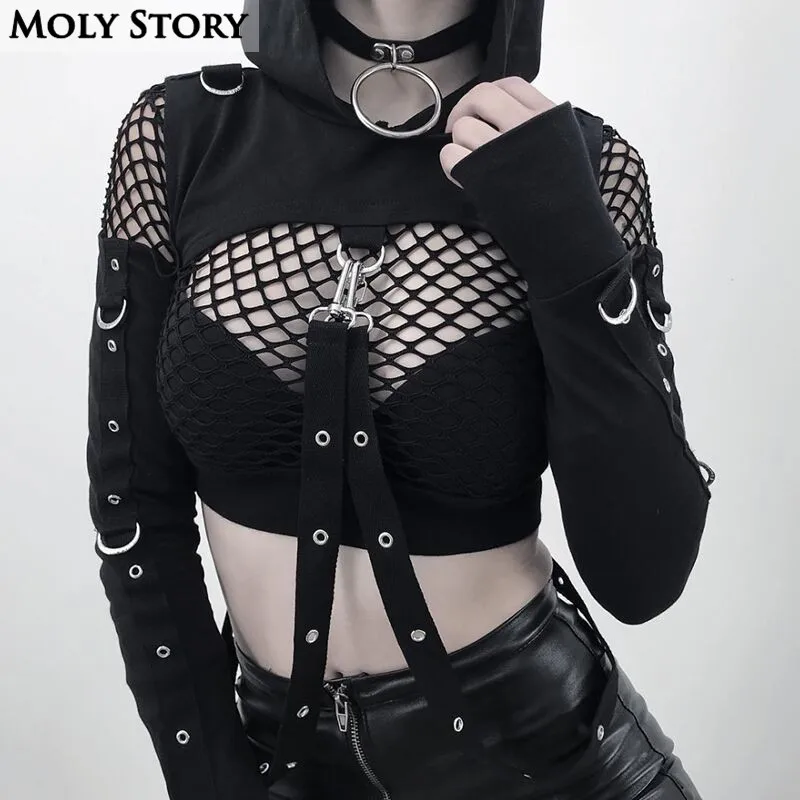 

Pastel Goth Sexy Black Crop Top Long Sleeve Steam Punk Hoody Off the Shoulder Tops for Women