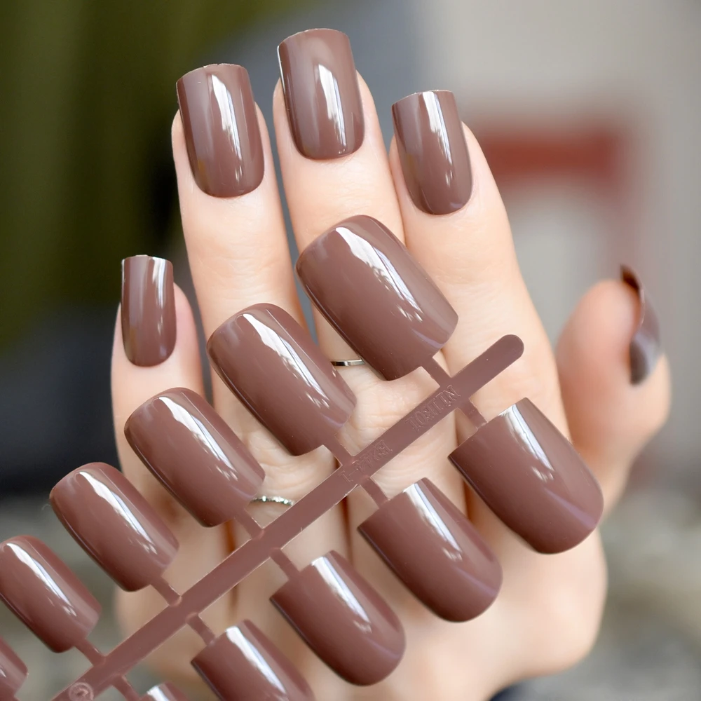 Мода чистый коричневый конфеты Ложные ногти шоколадный цвет УФ гель-пресс для ногтей Средний квадратный для леди салон маникюрные инструменты 24 шт 201 м