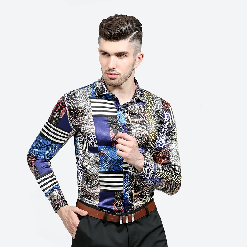 

Fashion Shiny Satin British Style Long Sleeve Casual Loose Silk men Shirt Thin plus size plus size Male Wedding Dress Shirts