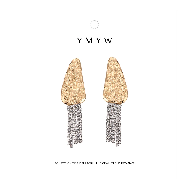 

YMYW Trendy Punk Rhinestone Long Tassel Dangle Earrings Geometric Zinc Alloy Statement Charm Metalic Earrings for Women Bijoux