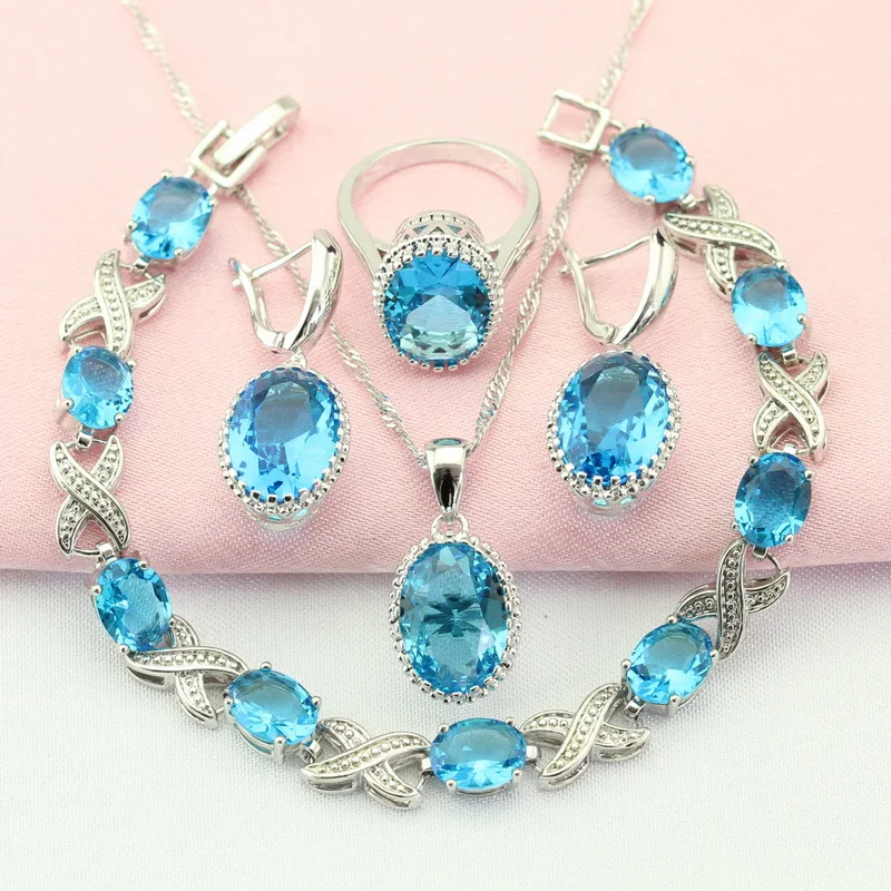 

Sky Blue Stone Silver Color Jewelry Sets For Women Adornment Jewelry Woman Drop Earrings/Bracelet/Pendant/Necklace/Ring Free Box