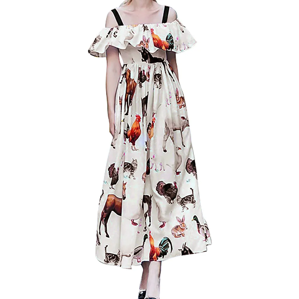 

Shoulder Strap Large Size Fashion Slash Neck Animal Print Lotus Leaf Collar Strap Dress Summer Street Wear Shopping Long Dress