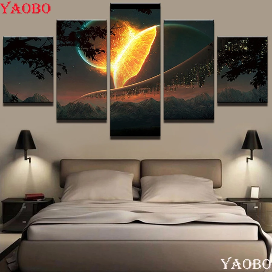 

full square round diamond mosaic,5pcs/set 5d DIY diamond painting planet landscape diamond embroidery sale home decoration
