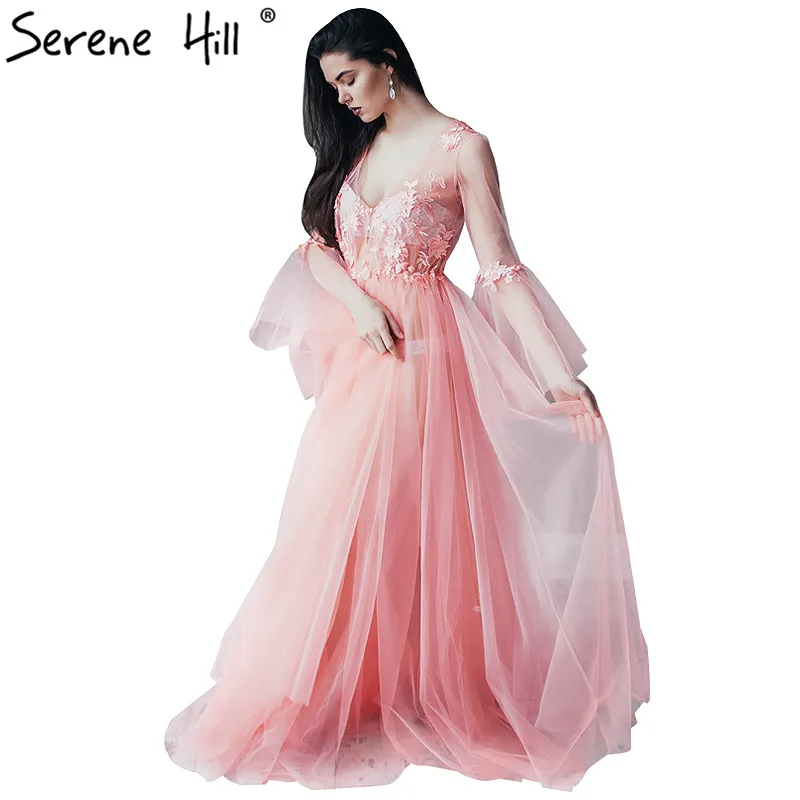 

Sexy Perspective Deep-V Tulle Evening Dresses Appliques Long Sleeves Photography Evening Gowns 2019 Serene Hill HA2122