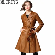 Мода двубортный длинный Тренч с поясом высокая имитация овчины пальто Женская Весенняя куртка из искусственной кожи женская YQ119