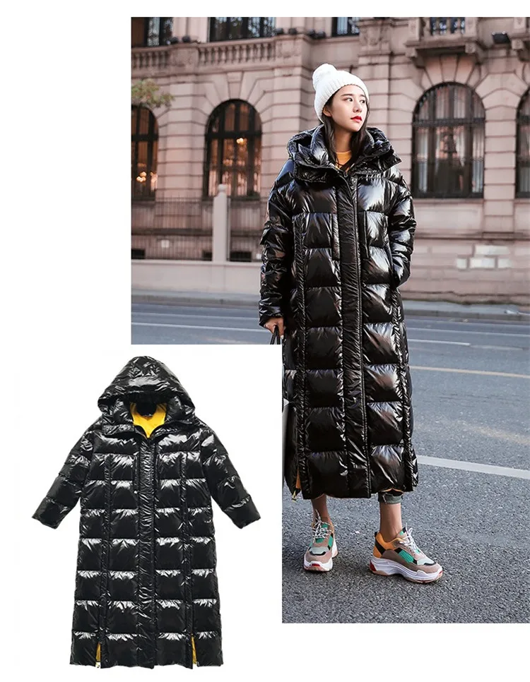 Модное черное глянцевое длинное пальто, женская парка, зимний пуховик с капюшоном, хлопковое пальто для женщин размера плюс, Толстая Теплая стеганая куртка