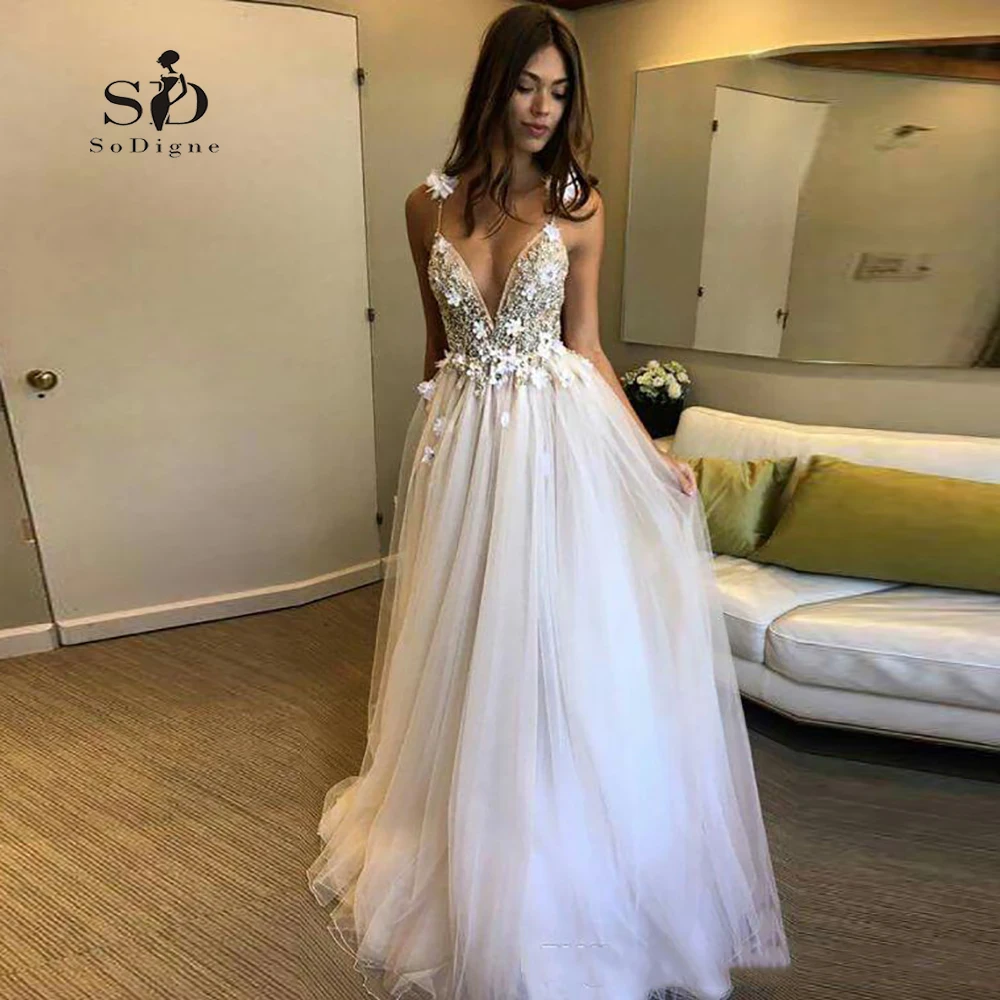 Свадебное платье с цветами белое Vestido de noiva sukienka na wesele глубокий v-образный вырез с нежные аппликации с открытой спиной свадебное платье