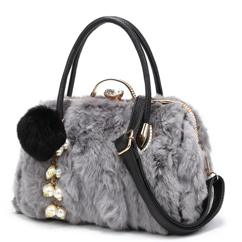Bolsa de Couro Genuíno Pele Coelho Bolsa Ombro Inverno Moda Senhoras Diamante Bola Pelúcia Borla Decorativo Grande 100%