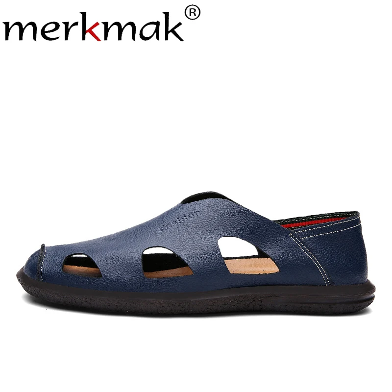Merkmak Summer Hollow Hole Men's Sandals Spring Solid Genuine Leather Soft Men Footwear Flat Casual Breathable Slip On Man Shoes Merkmak Summer Hollow Hole Men's Sandals Spring Solid Genuine Leather Soft Men Footwear Flat Casual Breathable Slip On Man Shoes