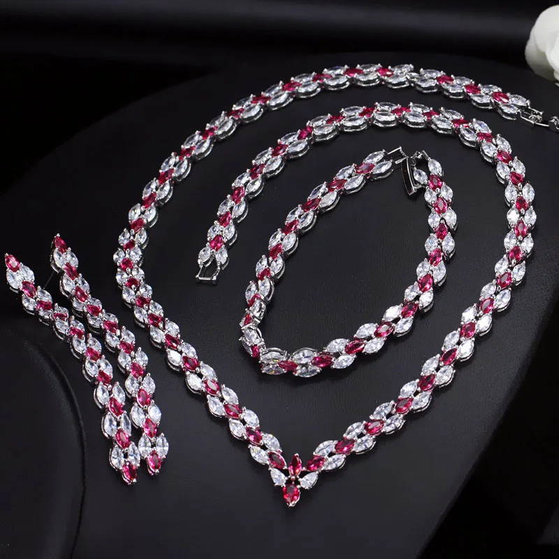 Pera Роскошный зеленый циркон камень свадебное ожерелье серьги и браслет наборы для невесты Выпускной костюм аксессуары J213 - Окраска металла: red