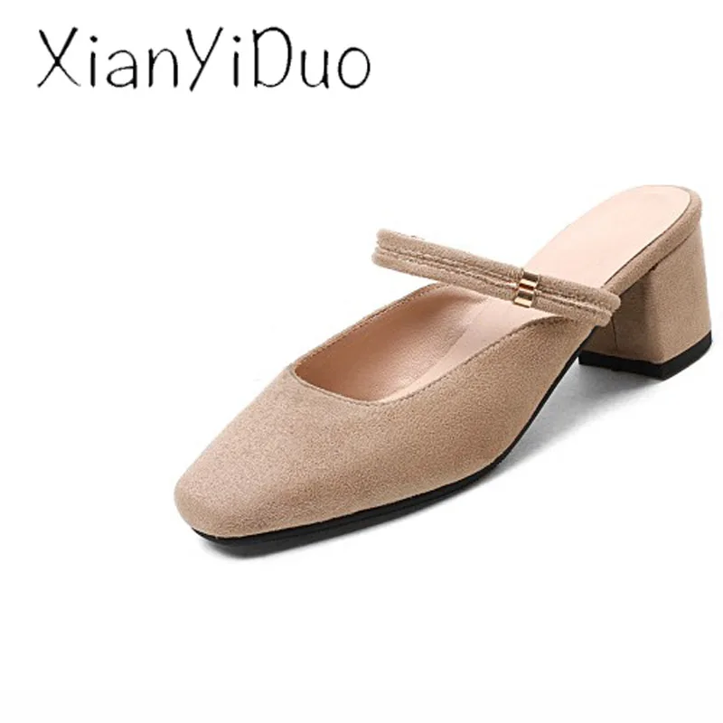 Xianyiduo2019 Новая Летняя женская обувь из флока розовые сандалии с квадратным носком, закрытым носком, на среднем каблуке, с закрытой пяткой, большие размеры 34-43/h12