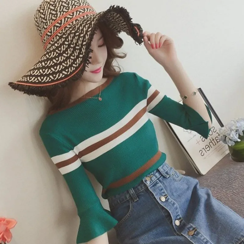 Women Sweaters And Pullovers Sueter Mujer Ruffled Half Sleeve Striped Sweaters Slim Elastic Women Winter Tops Knitted Sweater L3