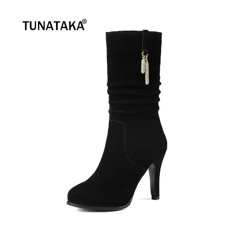 

Suede Platform Thin High Heel Woman Mid Calf Boots Fashion Side Zipper Party Calf Boots Woman Black