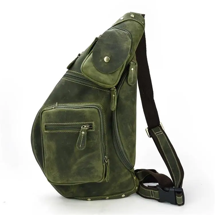 Luufan мужская кожаная повседневная винтажная нагрудная сумка, сумка-слинг, дизайнерская сумка через плечо, мужской рюкзак на одно плечо - Цвет: Design 2 green