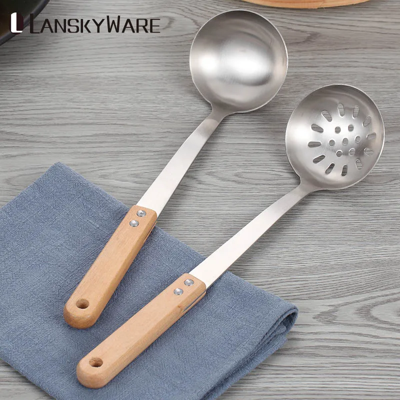 

Kitchen Non-Slip Cooking Soup Ladle With Eco-Friendly Wooden Handle Stainless Steel Kitchen Cooking Tool Utensil Dinnerware Set