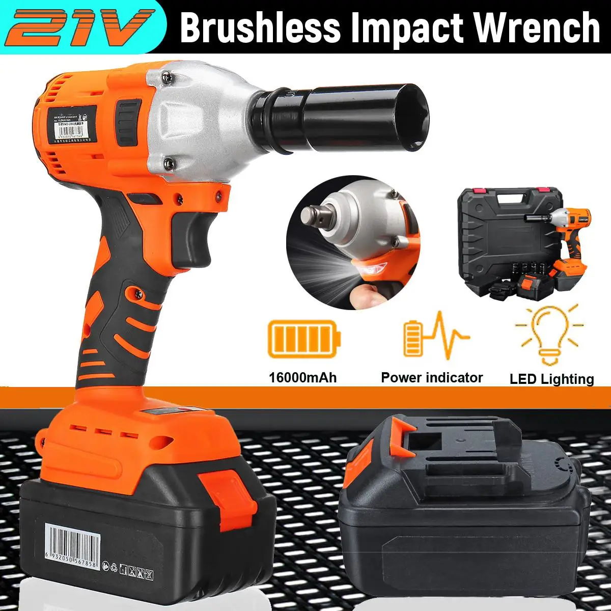

21V 16000mAh Brushless Impact Wrench LED Light Li-Ion Battery Cordless Electric Impact Wrench Power Tools
