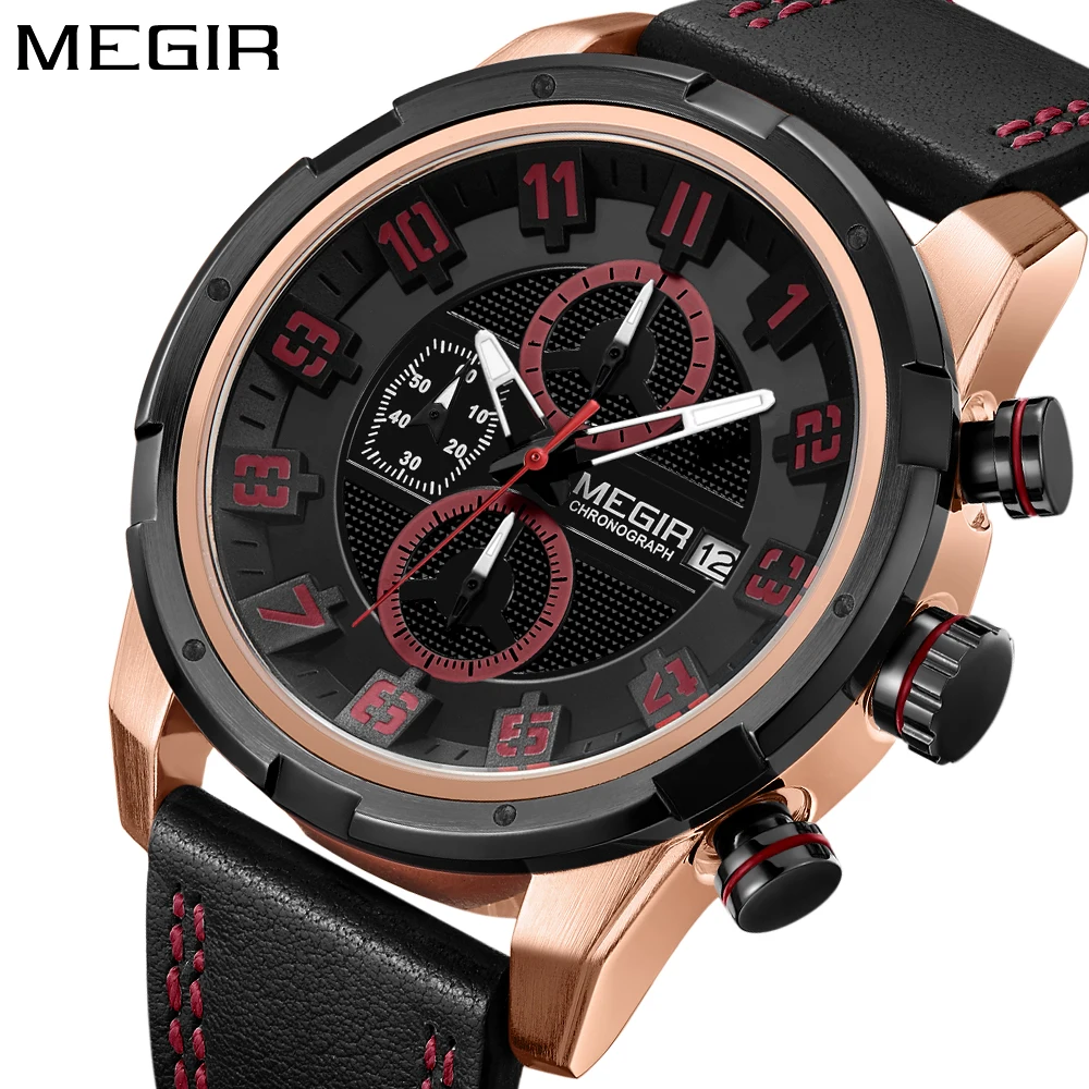 

Megir Luxury Brand Men Military Sport Watches Men's Digital Quartz Clock leather band Waterproof Wrist Watch relogio masculino