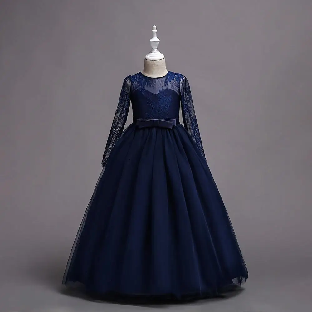 Carters vestido infantil Моана цветок девушки день рождения банкет с длинным рукавом кружева сшивание платье Элегантный Свадьба Бабочка петля - Цвет: dark blue