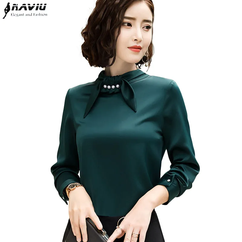 

2018 Autumn New high quality silk blouse shirt women fashion full sleeve office lady formal Loose plus size soft blouse shirt