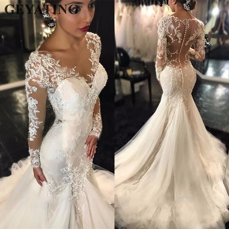 Элегантное винтажное кружевное свадебное платье с длинным рукавом Ruched Свадебные платья-Русалка 2019 Саудовская Аравия Аппликации блесток