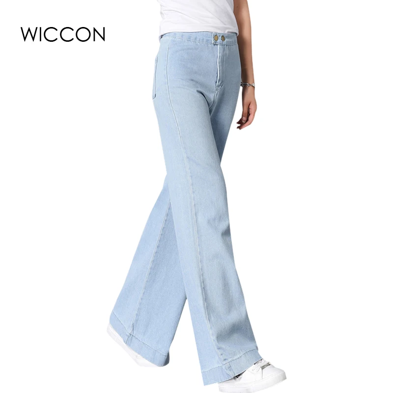 2019 Autumn Women's Wide Leg Jeans Ladys High Waist Solid Bell Bottom Denim Pants Loose Trousers Mom Jeans WICCON
