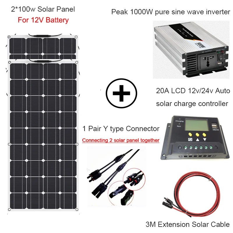 2*100 Вт солнечная система гибкий Панели солнечные 1000 Вт 20A ЖК-дисплей 12 V/24 V контроллер напряжения 1000 Вт Чистая синусоида Инвертор солнечной батареи
