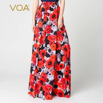 

VOA Palazzo Broeken Red Floral Print Silk Wid Leg Pants Women Loose High Waist Trousers Casual Plus Size Ladies Pants Fall K3318