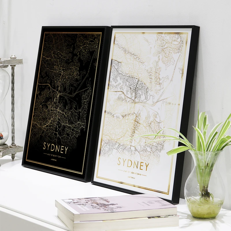 

Sydney city map poster real gold foil world map prints for wall art canvas decor picture for Nordic style living room gift