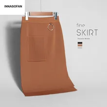 INNASOFAN трикотажная юбка Женская осенне-зимняя стандартная юбка с высокой талией модная Высококачественная шикарная Однотонная юбка с карманом
