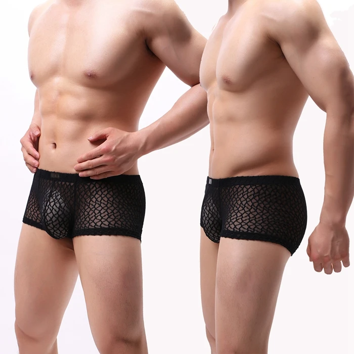 Sexy Mens Mesh Underwear Boxer Shorts Summer Males Underpants Solid Cueca Breathable Gay Lingerie Bottoms Bulge Pouch Knickers