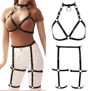 

Leather Harness Bra Body Bondage Tops Sexy Lingerie Set Punk Goth Harajuku Garter Belt Club Party Dance Festival Rave for Women
