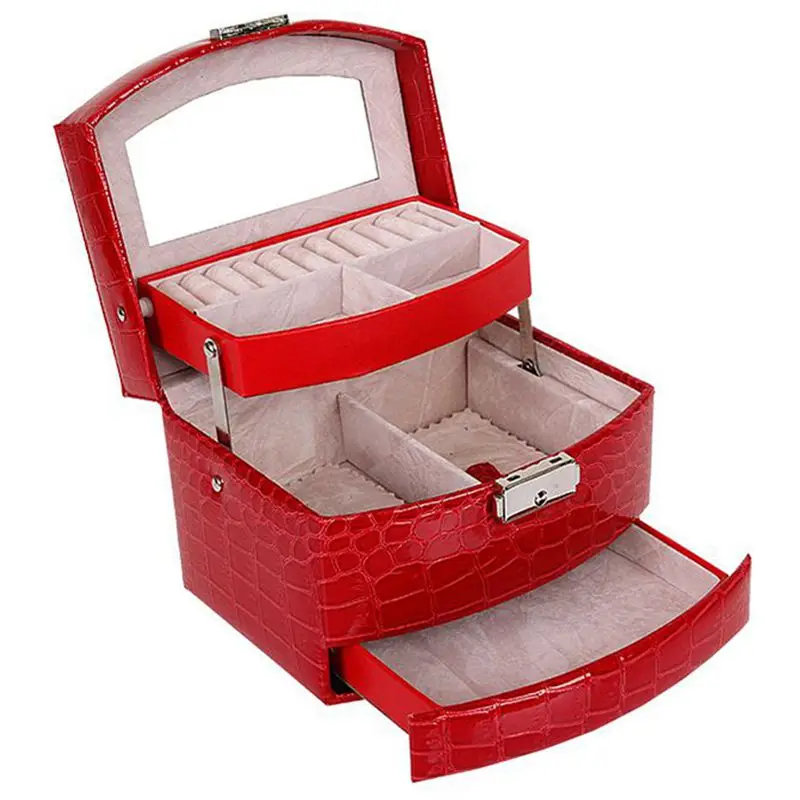 

Automatic Leather Jewelry Box Three-layer Storage Box For Women Earring Ring Cosmetic Organizer Casket For Decorations(Red)