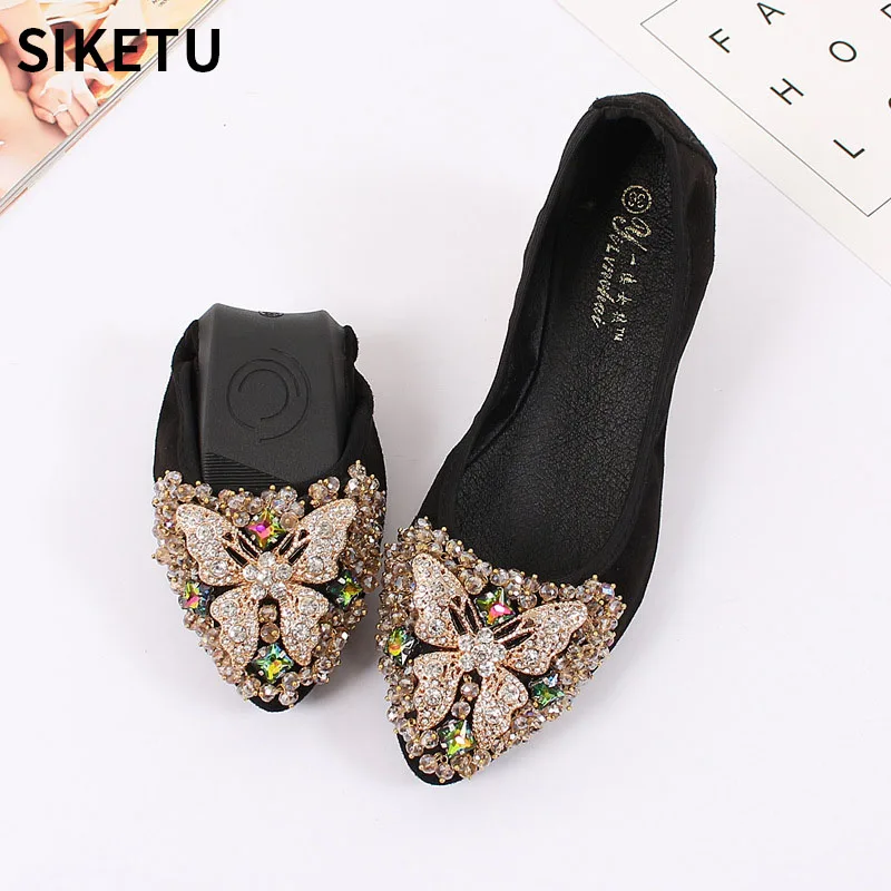 

New Arrival Pointed Toe Design Women Ballet Flats butterfly Crystal Flat Shoes Plus Size 43 Female Casual Shoes