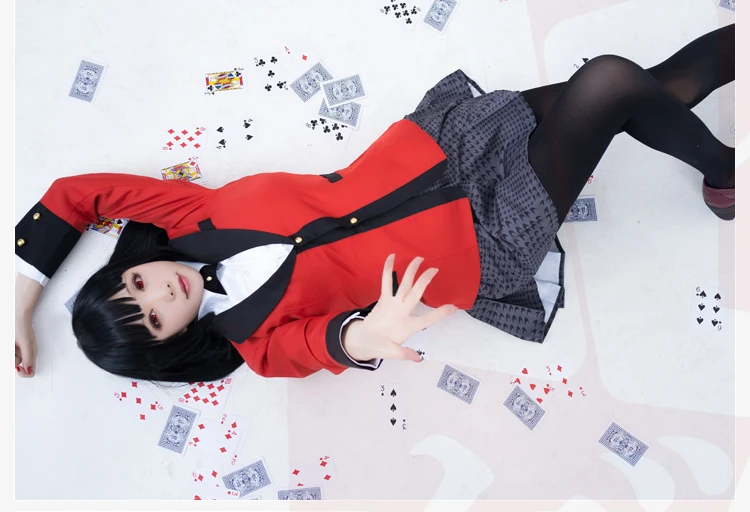 Популярные крутые костюмы для косплея, аниме Kakegurui Yumeko Jabami, японская школьная форма для девочек, полный комплект, куртка+ рубашка+ юбка+ чулки+ галстук