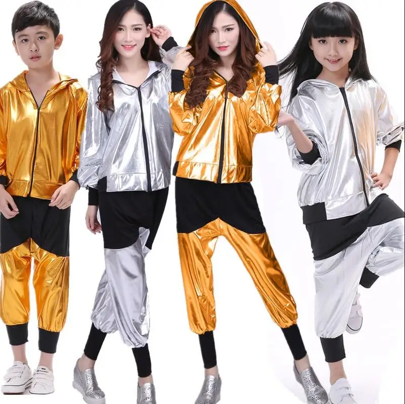 

New Girls Boys Gold Silver Ballroom Jazz Hip Hop Dance Competition Costume Adult Clothes Hoodie Shirt Top Pants Dancing Wear