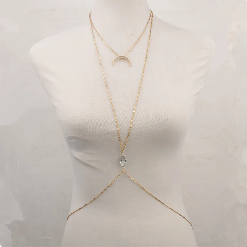 

Moon Unique Belly 1pcs Crystal Body Chain Harness Bikini Beach Crossover Crescent Diamante Studded Crystal Body Jewelry New 2019