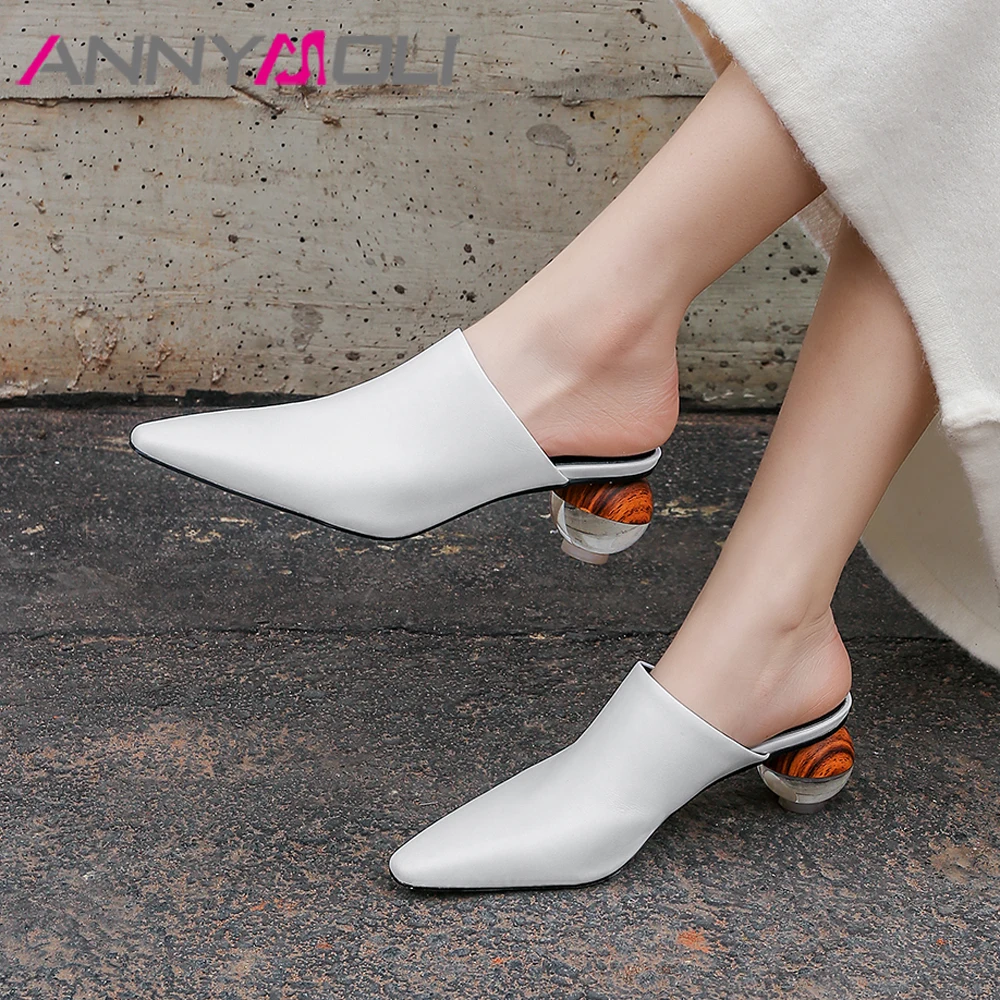 

ANNYMOLI Summer Slippers Women Mules Shoes Natural Cow Leather Strange Style Heels Shoes Transparent Slides Female Sandals 34-43