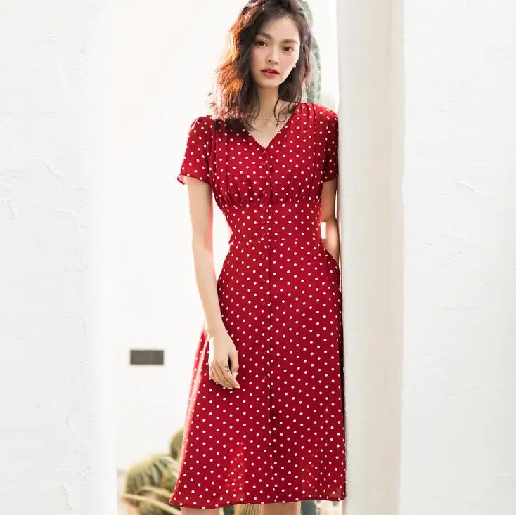 

2019 Korean Women Dress Spring&summer Advanced Dress Retro Red Polka Dot Dresses Chiffon Party Dress