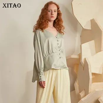 

XITAO Independent Design Blouse Women Korea Fashion Pleated V Neck Wild Joker Single Breasted Irregular Wild Joker ZLL4050