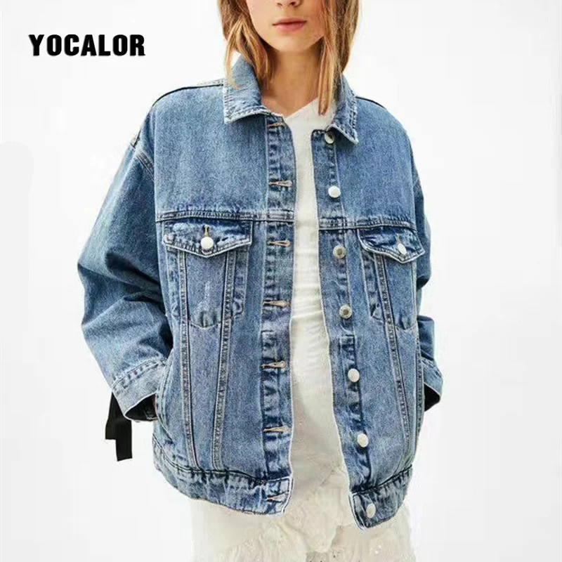 

Turn Down Collar Jacket Denim Jacket Loose Women Jeans Coat Female Spring Bomber Jacket Feminina Oversize Autumn Lace Up Bowknot