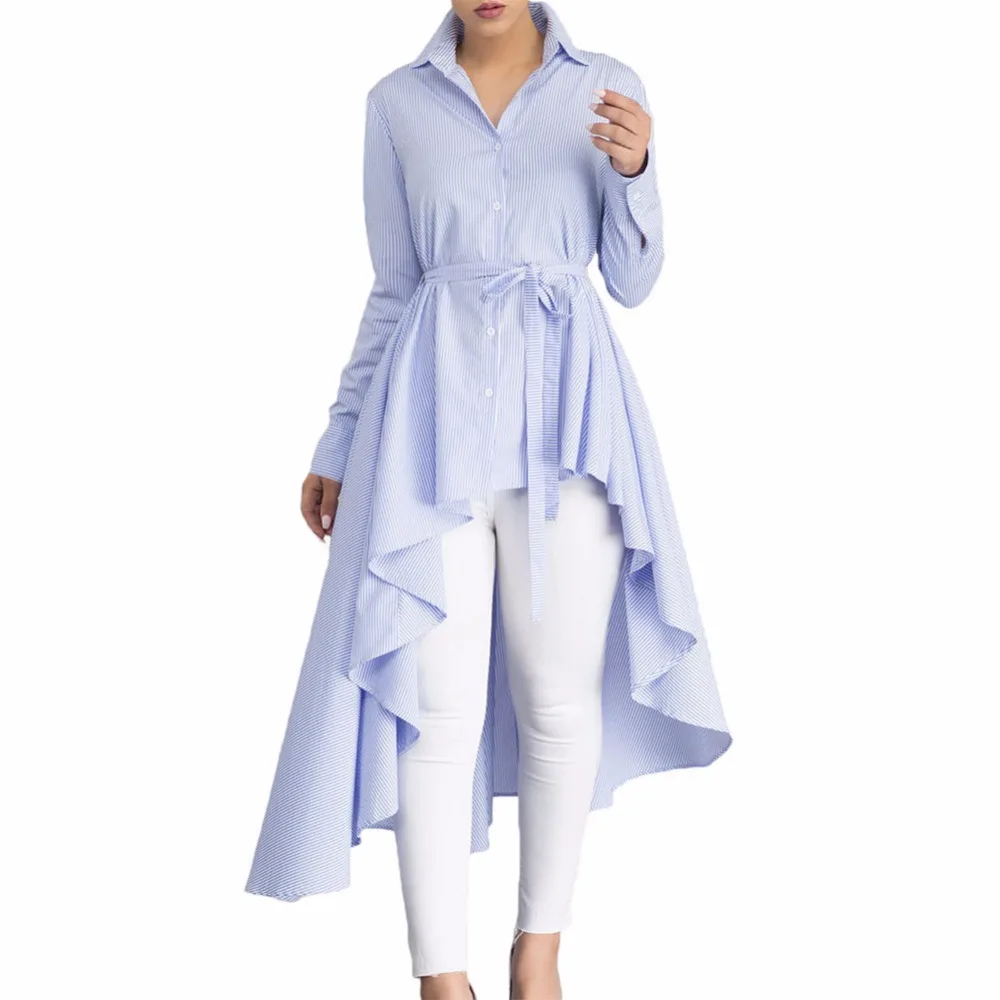

Long sleeved striped Blouse 2019 New Spring Turn-down collar irregular hem ladies Shirts Casual Ruffle Dovetail Long Blouse