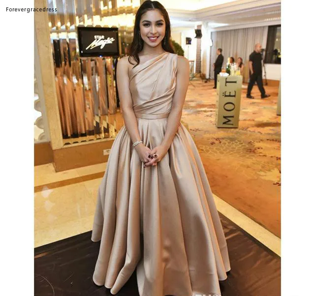 

2019 Champagne One Shoulder Evening Dress Pleats Long Holiday Wear Pageant Prom Party Gown Custom Made Plus Size