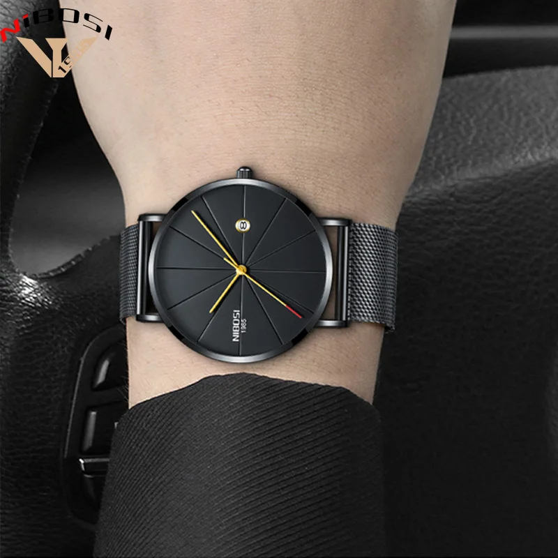 Saat Nibosi Luxury Brand Watches Men Mesh Band Fashion Simple Watch Clock Man Black Ultra Thin 5