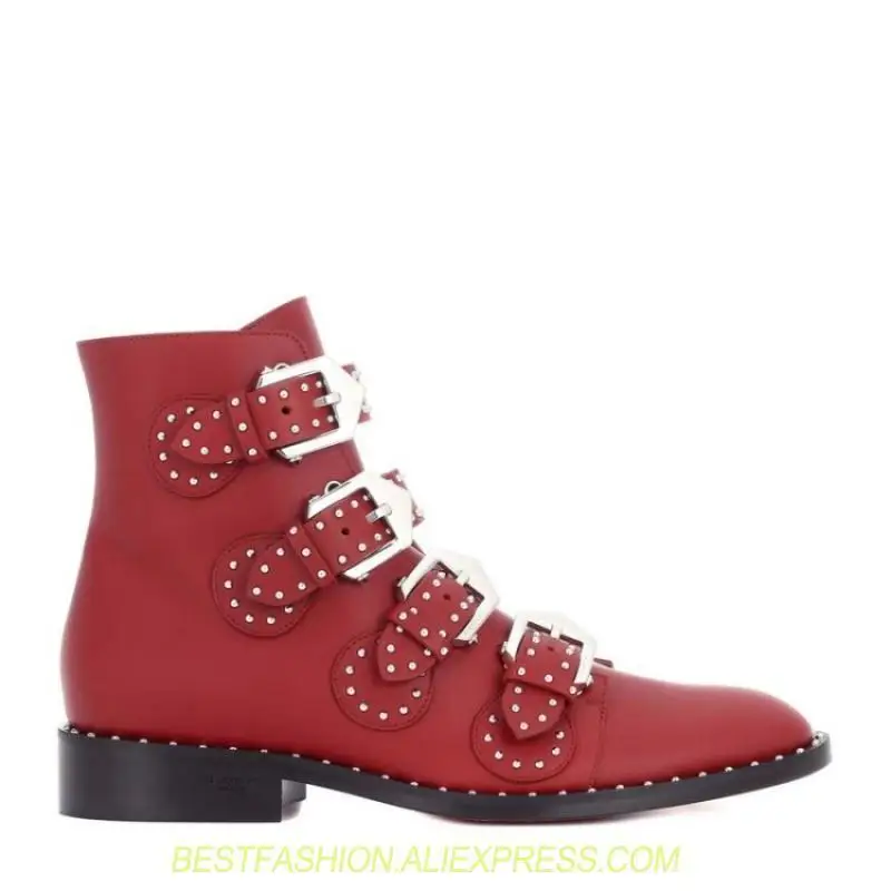 

Red Ankle Boots Studded Rivets Military Boots Designer Shoes Women Luxury 2018 Short Combat Cowboy Boots Womens Buckle Strap