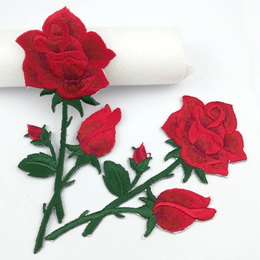 1pcs red rose embroidered flower patch for clothing iron on rose