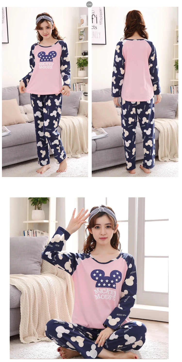 Womens Pajamas Sets Long sleeve cotton pajamas suit Women spring cartoon casual sleepwear long Pyjamas for women XXXL