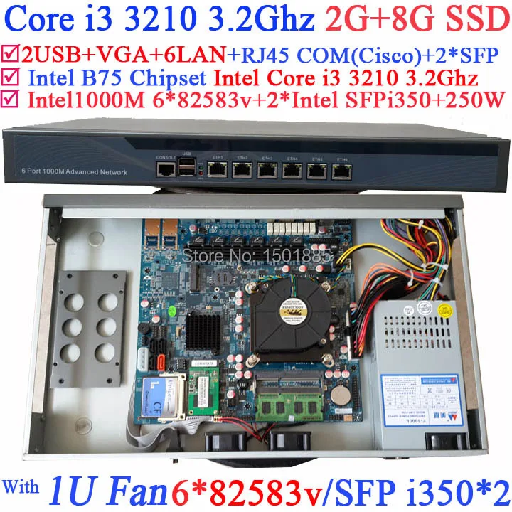 Intel Core i3 3210 3.2Ghz 1U router with SFP 6*1000M 82574L Gigabit Nics 2* intel i350 SFP 2G RAM 8G SSD