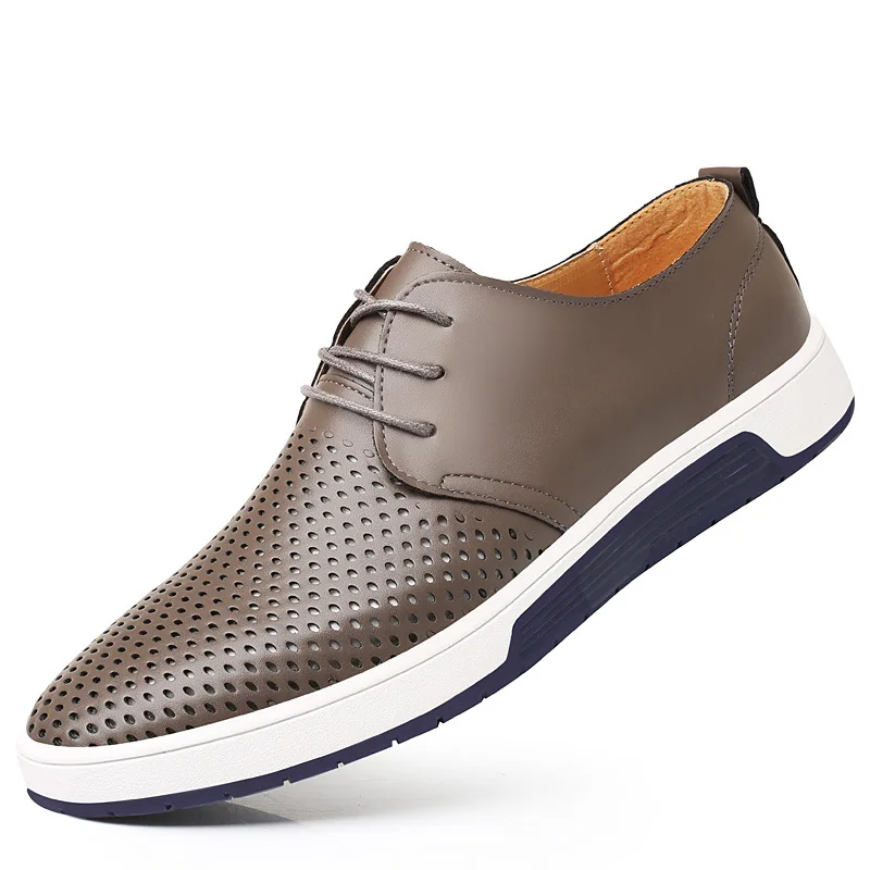 Spring Summer high quality leather men's casual shoes Large 49 flat shoes men's dress leather shoes perforated hollow breathable
