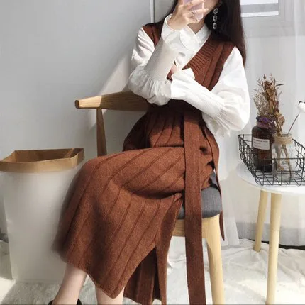 

Spring Fall Fashion Women Black Red V Neck Sleeveless Knitted Sweater Dress ,2017 Autumn Female Woman Loose Knit Thank Dresses