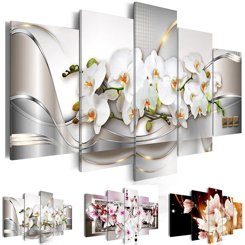 

Modern Painting Canvas 5 Panels Orchids Flower Landscape Canvas Print Modular Picture for Wall Art Living Room Home Decor